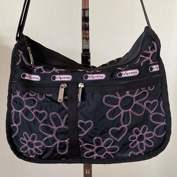 Lesportsac Bags Lesportsac Purse Black With Pink Embroidered Design